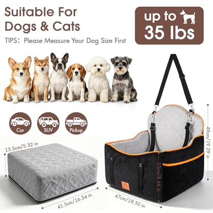 GINMIC Dog Car Seats for Small Medium Dogs up to 35 lbs – Dog Booster Car Seat with 5.3-Inch Memory Foam, Dual Safety Leashes, Detachable Washable Cover & Storage Pockets, Soft Travel Dogs Bed (Black)