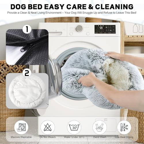 YUDANSI Calming Small Dog Bed & Indoor Cat Bed - Plush Fluffy Hooded Cave Nest, Anti-Slip Self-Warming, Removable Washable Zipper Cover, Built-in No-Collapsing Support (Grey-65cm/26in) - color: Grey-65cm