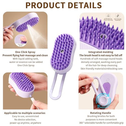 2 Pcs Pet Spray Massage Brush, Cat Hair Steam Brush for Shedding,Cleaning Pet Brush for Massage and Bathing with One Click Spray,Silicone Grooming Spray Comb with 360° Rotating Arm - color: purple+purple