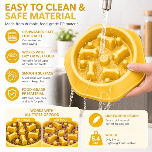 Slow Feeder Bowl for Small & Medium Cats & Dogs - Durable Slow Feeding Bowl with Non-Slip Base -Anti-Choking Puzzle Food Bowl for Dogs That Helps Mental Stimulation & Reduces Fast Eating-Yellow - color: Yellow