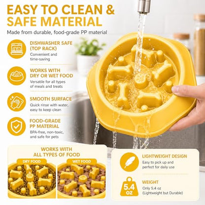 Slow Feeder Bowl for Small & Medium Cats & Dogs - Durable Slow Feeding Bowl with Non-Slip Base -Anti-Choking Puzzle Food Bowl for Dogs That Helps Mental Stimulation & Reduces Fast Eating-Yellow - color: Yellow