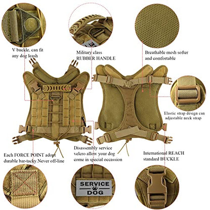 Tactical Service Dog Vest Harness for Medium Large Dog, Military K9 Training Dog Vest with Molle & Loop Panels Adjustable Tactical Harnesses with Handle (M, Khaki) - color: Khaki, size: Medium (Pack of 1)