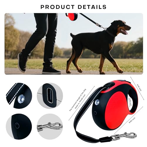 Retractable Dog Leash with LED Light Rechargeable,16Ft Heavy Duty Dog Leash for Medium Large Dogs up to 110lbs,360°No Tangle,One-Handed Brake,Pause,Lock(Red) - color: Red, size: 16ft-Led