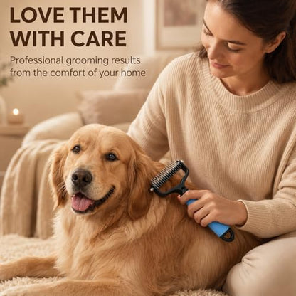 2 Pcs Pet Grooming Brush, Double Sided Undercoat Rake & Dematting Comb for Dogs and Cats, Detangling Tool for Matted Fur, Ideal for Medium or Long Haired Breeds (Blue+Pink, Large)