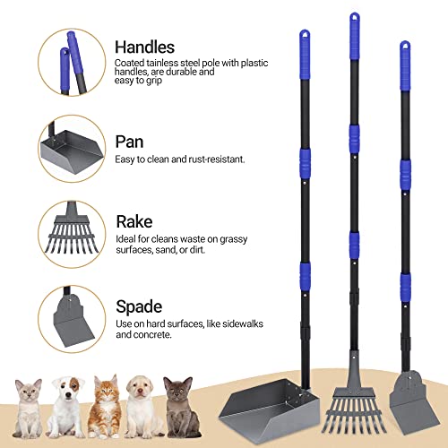 Heeyoo Dog Pooper Scooper, Dog Poop Tray and Rake Set, Pet Waste Removal Scoop with Long Adjustable Sectional Stainless Handles - color: Black/Blue