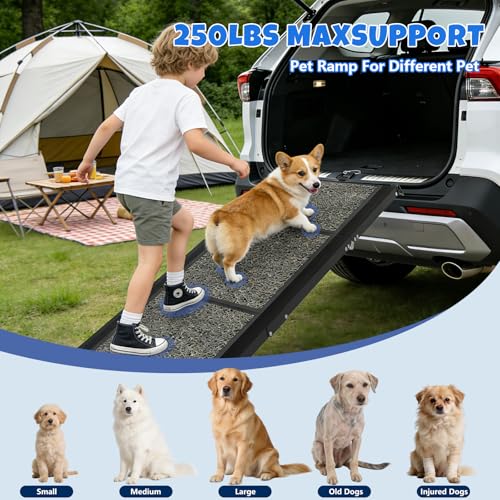 Dog Ramp for Car 71" L x 17" W, Foldable Pet Ramp for Large Dogs with Non-Slip Rug Surface, Portable Dog Car Ramp for SUV, Truck & Vehicle, Heavy-Duty Aluminum Pet Loading Ramp Supports 250 lbs - size: 71" L x 17" W