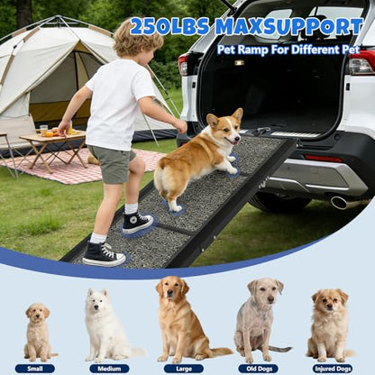 Dog Ramp for Car 71" L x 17" W, Foldable Pet Ramp for Large Dogs with Non-Slip Rug Surface, Portable Dog Car Ramp for SUV, Truck & Vehicle, Heavy-Duty Aluminum Pet Loading Ramp Supports 250 lbs - size: 71" L x 17" W
