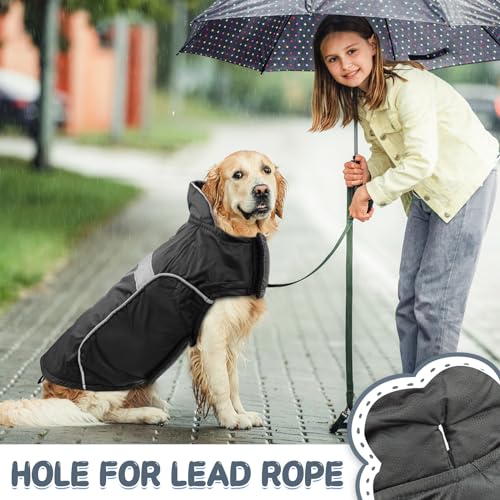 Waterproof Dog Raincoat Dog Winter Jacket Lightweight Windproof Dog Rain Coat with Velvet Inner, Adjustable Wider Velcro, Leash Hole, Reflective Stripes for Small Medium Large Dogs (Black, L)