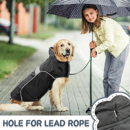 Waterproof Dog Raincoat Dog Winter Jacket Lightweight Windproof Dog Rain Coat with Velvet Inner, Adjustable Wider Velcro, Leash Hole, Reflective Stripes for Small Medium Large Dogs (Black, L)
