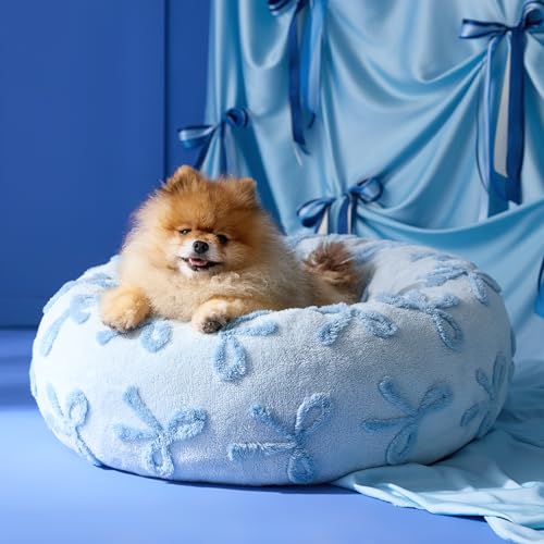 LE SURE Donut Small Dog Bed - Round Cat Beds for Indoor Cats Anti-Anxiety Calming Gift for Pets, Washable Cute Modern Beds with Jacquard Shaggy Plush & Anti Slip Bottom, 23 Inch, Ice Melt - color: Bow Ice Blue, size: 23.0"L x 23.0"W x 7.0"Th