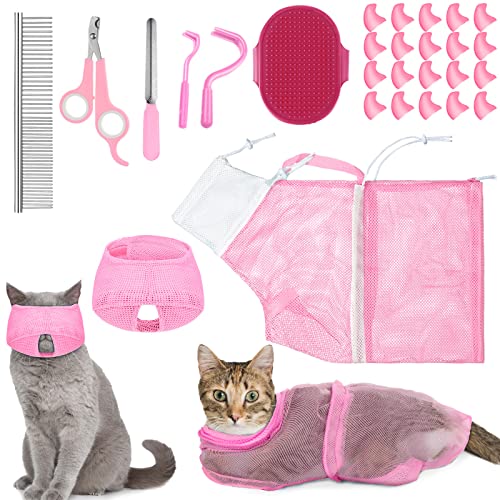 9 Pcs Cat Bathing Bag Set Cat Shower Bag Anti Bite and Scratch for Pet Grooming Washing Brush Comb Muzzle Nail Clipper Nail File Tick Tool(Pink) - color: Pink