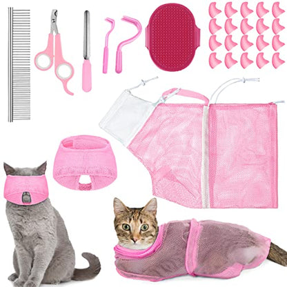 9 Pcs Cat Bathing Bag Set Cat Shower Bag Anti Bite and Scratch for Pet Grooming Washing Brush Comb Muzzle Nail Clipper Nail File Tick Tool(Pink) - color: Pink