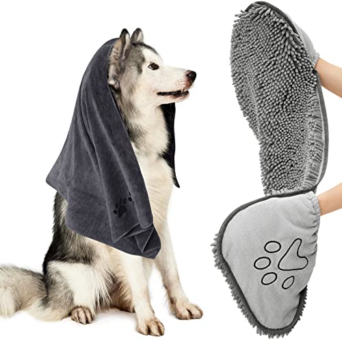 HOMEIDEAS 2 Pack Dog Towels Set, Chenille and Microfiber, Super Absorbent Soft Bath Shammy Towel with Hand Pockets for Pets Drying