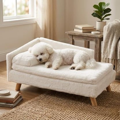Elevated Dog Bed Couch Sofa: Wooden Dog Chair with Bolster Cushion for Small Dogs Cats Cute Pet Chaise Soft Cushion Washable, 31.7 x 18.9 Inches - size: 31.7"x 18.9"x9.3"