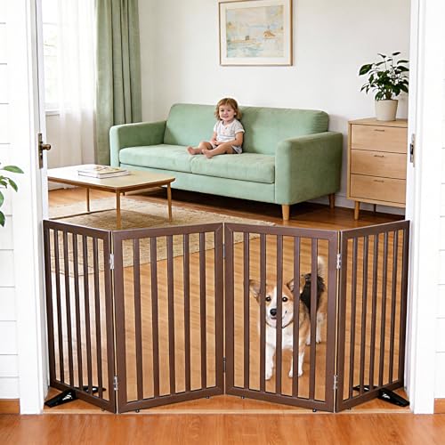 ZJSF Freestanding Indoor Dog Gate for House Foldable Wood Puppy Gate for Doorways Pet Gate for Stairs Extra Wide Pet Fence, Brown, 32" Height 4 Panels - color: Brown, size: 【4 Panels】80''w x 32''h