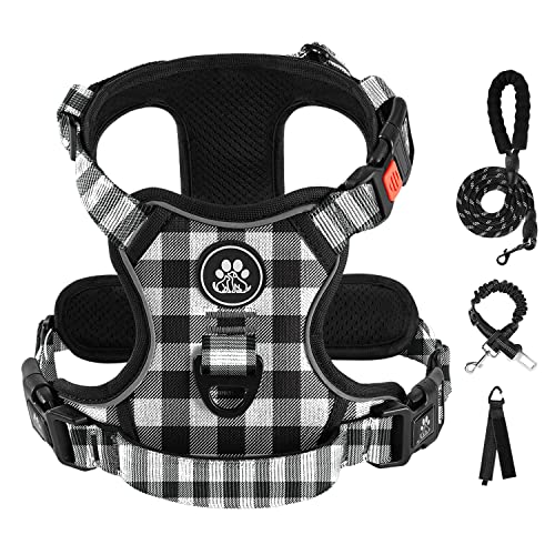 IVY&LANE No Pull Dog Harness with Leash Set, Reflective No Choke Pet Vest,Adjustable Oxford Dog Vest Harness with Easy Control Handle for Large Dogs (Checkered Black,L) - color: Checkered Black, size: Large