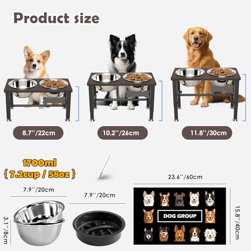 SHAINFUN Elevated Dog Bowls with Slow Feeder & Mat for Medium Large Dogs, Adjustable Height, Raised Dog Bowl Stand with 2 Stainless Steel 58oz Bowls, Tall Dogs Food Water Bowl Wooden & Metal Holder - color: Coffee-1.7L