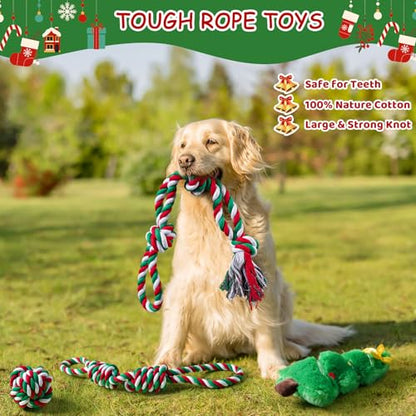 Aitmexcn Dog Rope Toys Set, 7 Pack Cotton Dog Toys for Large Dogs and Medium Small, Cute Interactive Squeaky Toy, Chewing Puppy Gaming Toy for Teeth Cleaning - size: 7 Pack Christmas-Large