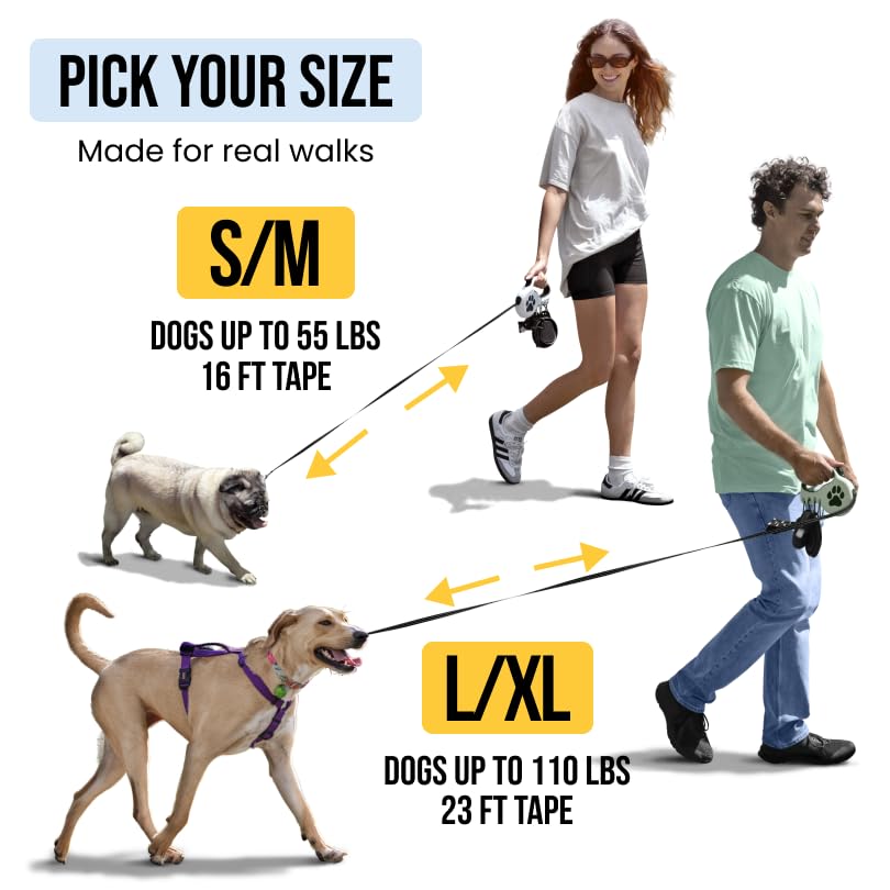 Retractable Dog Leash for Small & Medium Dogs (Up to 55lbs) - Customizable, Patented, Reflective Design, Ergonomic Handle, Includes Hooks & Poop Bag Holder & Dispenser - Black - color: Black, size: S/M - Up to 55 Lbs