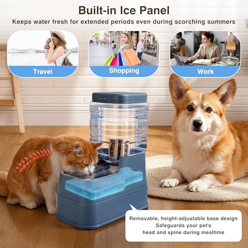 2 Pack Automatic Cat Feeder and Water Dispenser 1.3Gallon Dog Gravity Food Feeder and Water with Ice Pack Stainless Steel Dry Food and Waterer Bowl for Small Medium Large Pets (Blue) - color: Blue