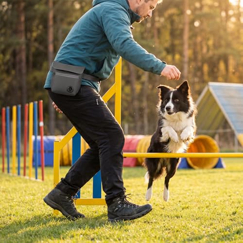 Dog Treat Pouch and Dog Training Clicker, Treat Bag with Poop Bag Dispenser, Powerful Magenetic Clasp, Metal Clip Waist Belt Fanny Pack for Pet Walk Dog Training (Dark Grey) - color: Dark Grey
