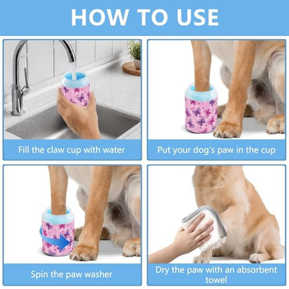 Spring Butterflies Flowers Pink Pattern Dog Paw Cleaner Cup with Soft Silicone Brush, Lightweight Small Portable Muddy Paw Washer for Dogs, Easy to Use Pet Foot Cleaner
