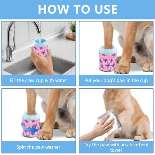 Spring Butterflies Flowers Pink Pattern Dog Paw Cleaner Cup with Soft Silicone Brush, Lightweight Small Portable Muddy Paw Washer for Dogs, Easy to Use Pet Foot Cleaner