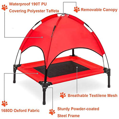 Elevated Dog Bed with Removable Canopy w/Convenient Carrying Bag Indoor Shade 1680D Portable Raised Oxford Fabric Outdoor Cooling Dog Cot Cat Bed Pet Tent for Camping (30", Red)