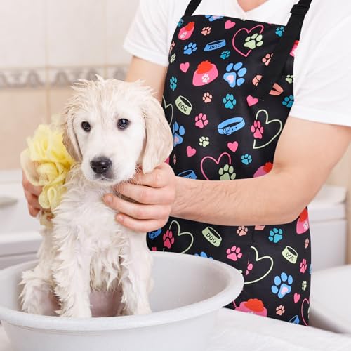 Dog Grooming Waterproof Apron with 2 Pockets, Cute Animals Puppy Dog Pets Apron - style: Dog Collar and Bowl