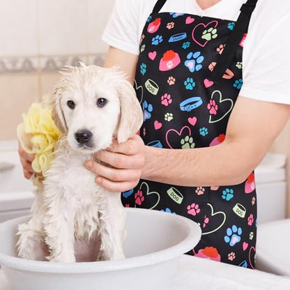 Dog Grooming Waterproof Apron with 2 Pockets, Cute Animals Puppy Dog Pets Apron - style: Dog Collar and Bowl