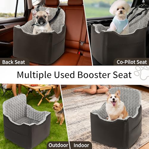 Dog Car Seat for Small Medium Dogs - 6.7inch Elevated Dog Booster Car Seats wih Soft Rose Velvet, Washable Travel Pet Carseat with 2 Safety Leashes and Storage Pockets(Grey/Black Coffee) - color: Black Coffee/Grey