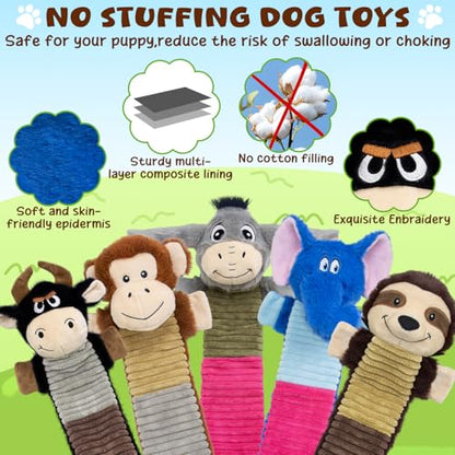 No Stuffing 5 Pack Dog Squeaky Toys,Dog Chew with Crinkle and Squeaker, Cute Animal Plush to Keep Them Busy, Suitable for Large to Small Breeds - color: Grey,blue,balck,khaki,coffee