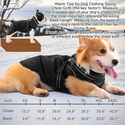 Fragralley Dog Coat with Harness Built in, Waterproof Windproof Reflective Warm Puffer Jacket, Fleece Lined Vest Winter Parka for Small, Medium, Large Dogs - color: Black, size: Large