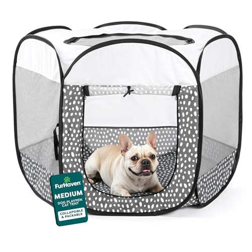 FurHaven Soft-Sided Dog & Cat Playpen, Portable Foldable Indoor & Outdoor Pet Playpen with Mesh Windows & Zippered Door, Gray Pebbles, Medium - color: Gray Pebbles, size: Medium
