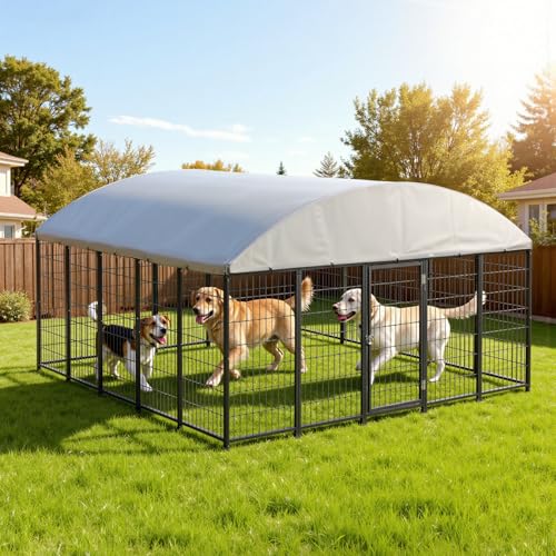 VEVOR Outdoor Dog Kennel, 9.8 x 9.8 x 5.4 ft Large Dog Kennel with Secure Lock, Outside Dogs Enclosures with UV-Resistant & Waterproof Roof Cover, Heavy Duty Pet Crate Cage Run for Large Dogs - size: 118.1"L x 118.1"W x 65.0"H