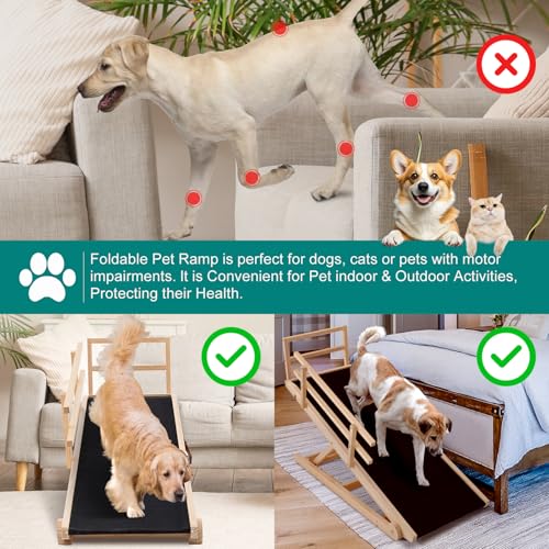 Dog Ramp for Bed, Adjustable Pet Ramps for Dog to Get on Bed, Non-Slip Rubber Surface - Folding Wooden Dog Ramp for Small/Large/Old Dogs, Adjustable up to 27.5 inch High Beds, Safety Railings - size: L-for 27.5''H Bed
