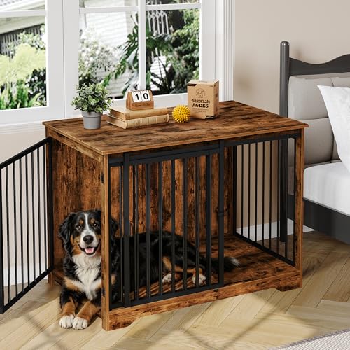 Hzuaneri 46.9" Dog Crate Furniture with Barn Door, Heavy Duty Dog Kennel Indoor with 2 Doors, Wooden Pet Cage End Table for Large Medium Dogs, Anti-Chew Anti-Escape, Rustic Brown DFC93301B - color: Rustic Brown, size: 46.9"L x 27.6"W x 34.7"H