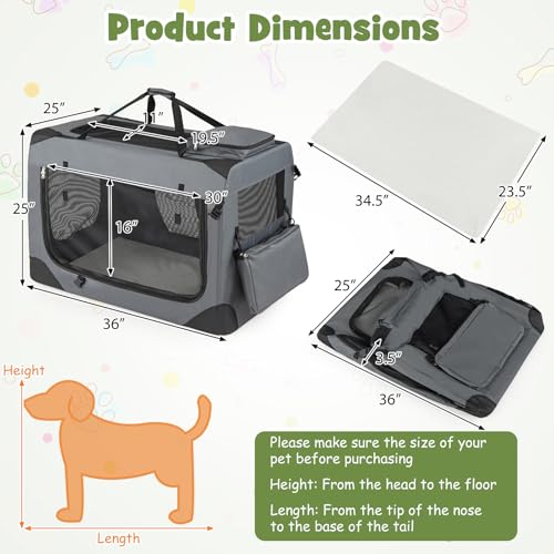 Giantex Folding Soft Dog Crate, 36 Inch Foldable Portable Dog Kennel for Large Dogs up to 70 lbs, Collapsible Soft-Sided Pet Travel Crate with 5-Sided Mesh, 3 Doors, Washable Mat & Storage Pockets - size: 36.0"L x 25.0"W x 25.0"H