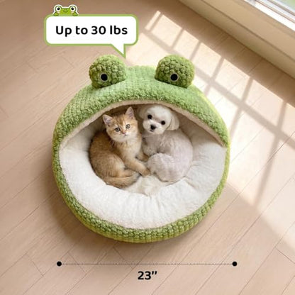 CWV Cute Cat Beds Kitten Beds, Soft Small Dog Beds, Washable Pet Beds for Puppy and Kitty, Funny Frog Cat Cave, 23 Inches - color: White＆Green