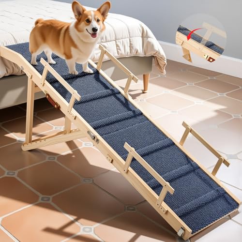 Dog Ramp for Bed with Rails, 64" Long Foldable Pet Ramp for Small Large Dogs, Dog Ramps for High Beds with Safety Side Railng, 6 Adjustable Heights 24" to 30" Up to 220LBS (Gray)