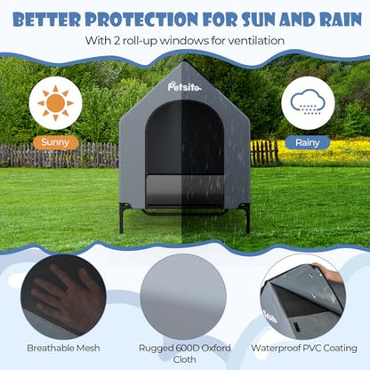PETSITE 52 inch Dog House, Elevated Dog House Outdoor with Ventilated Windows, Removable Weatherproof 600D Oxford Canopy and Raised Mesh Dog Bed, Dog Tent, X-Large, 52 x 33 x 45 inch