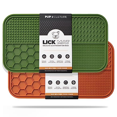 Pup Culture Dog Lick Mat for Dogs (2 Pack), Feeding Pad for Anxious Pets Plus 4 Different Puzzles for Mental Stimulation for Dogs - Supports Mental, Dental, and Digestive Health - Heavy Duty - color: Green/Orange, size: 2 Pack