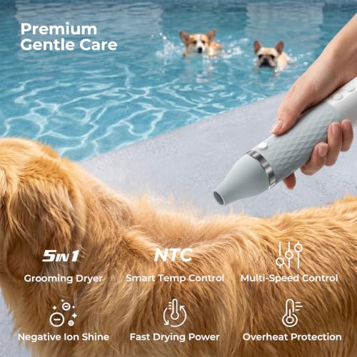 Portable Dog Dryer, High Velocity Pet Dryer with 0.6lb Ultra-Lightweight,3 Speeds & 4 Temp for All Breeds & Sizes, Dog Grooming Hair Dryer with 4 Nozzles & Slicker Brush,GFCI Plug,110000RPM
