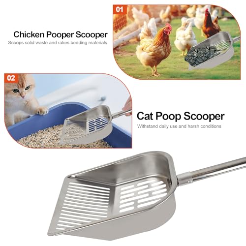 Cat Litter Scoop Metal Mesh, Kitty Scooper for Litter Box Cleaning Speed Sifting, Chicken Poop Scooper for Sand, Litter Sifter Shovel, Dog Coop Pooper Scooper -Stainless Steel Long Handle