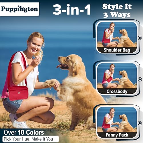 Puppington 3-in-1 Crossbody Dog Walking Bag & Treat Pouch with Matching Planet Safe Poop Bags & Built-In Dispenser - Dog Mom Gift for Puppy Training with Zippered Pockets (Ruby Red) - color: Ruby Red