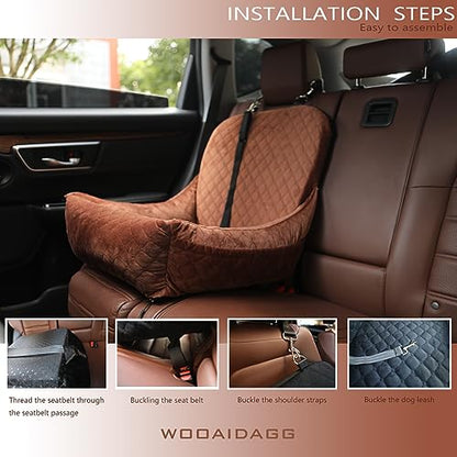 Wooaidagg Dog Car Seat for Small Dogs,Covered Soft Fabric and Fill in Memory Foam,Easy to Assemble and Fully Detachable,2 Clip-On Safety Leashes and Storage Pockets(Brown) - color: Brown