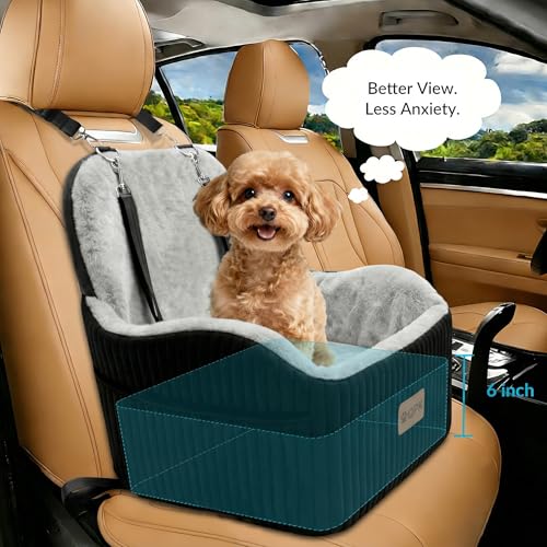 Dog Booster Car Seat for Small Medium Dogs Up to 35 lbs, 6" Elevated Plush Faux Fur Dog Car Seat with Dual Safety Leash, Anti-Tip Non-Slip, Fits Front Back Seat of SUVs Trucks Sedans, Washable Cover