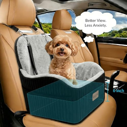 Dog Booster Car Seat for Small Medium Dogs Up to 35 lbs, 6" Elevated Plush Faux Fur Dog Car Seat with Dual Safety Leash, Anti-Tip Non-Slip, Fits Front Back Seat of SUVs Trucks Sedans, Washable Cover