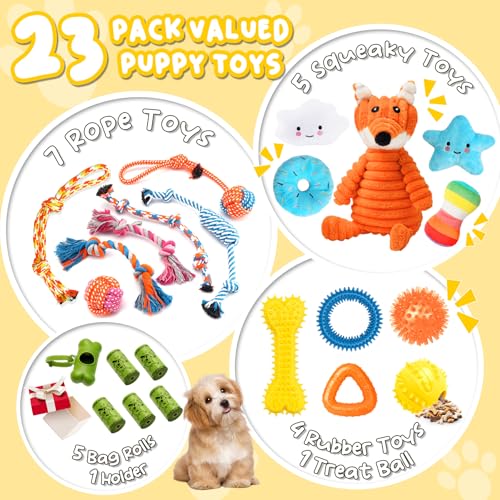 Zeaxuie 23 Pack Luxury Puppy Toys for Teething Small Dogs, Puppy Chew Toys with Rubber Toy, Rope and Squeaky Toys - color: 23 Pack (Stuffed-Fox)
