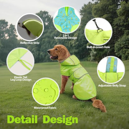 Kimee Dog Raincoat Reversible, Single Side Slicker Poncho Adjustable Waterproof Dog Rain Jacket with Leash Hole/Reflective Stripe Hooded Snowproof Windproof Clothes for Medium to 2X Large Dogs, L - color: Neon Green, size: Large